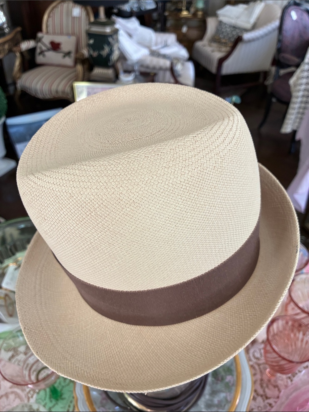 Vintage Panama Straw Fedora Hat with Brown Band - Picture 3 of 6